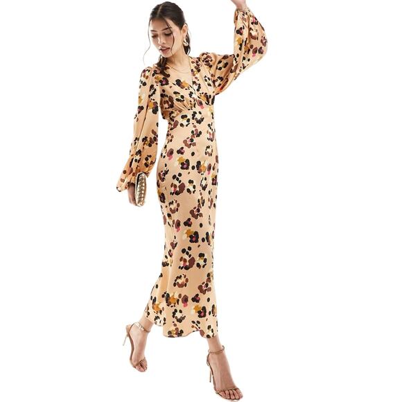 NEVER FULLY DRESSED Gold Louella Satin Animal Print Midaxi Dress - Sz 14 - Picture 1 of 7